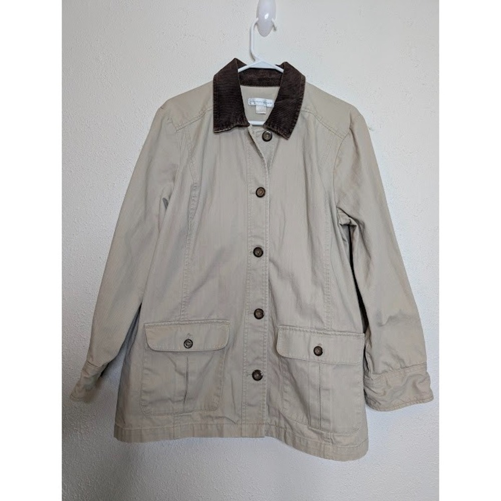 VTG Christopher & Banks Khaki Chore Coat Barn Jacket Womens L Corduroy‎ Collar